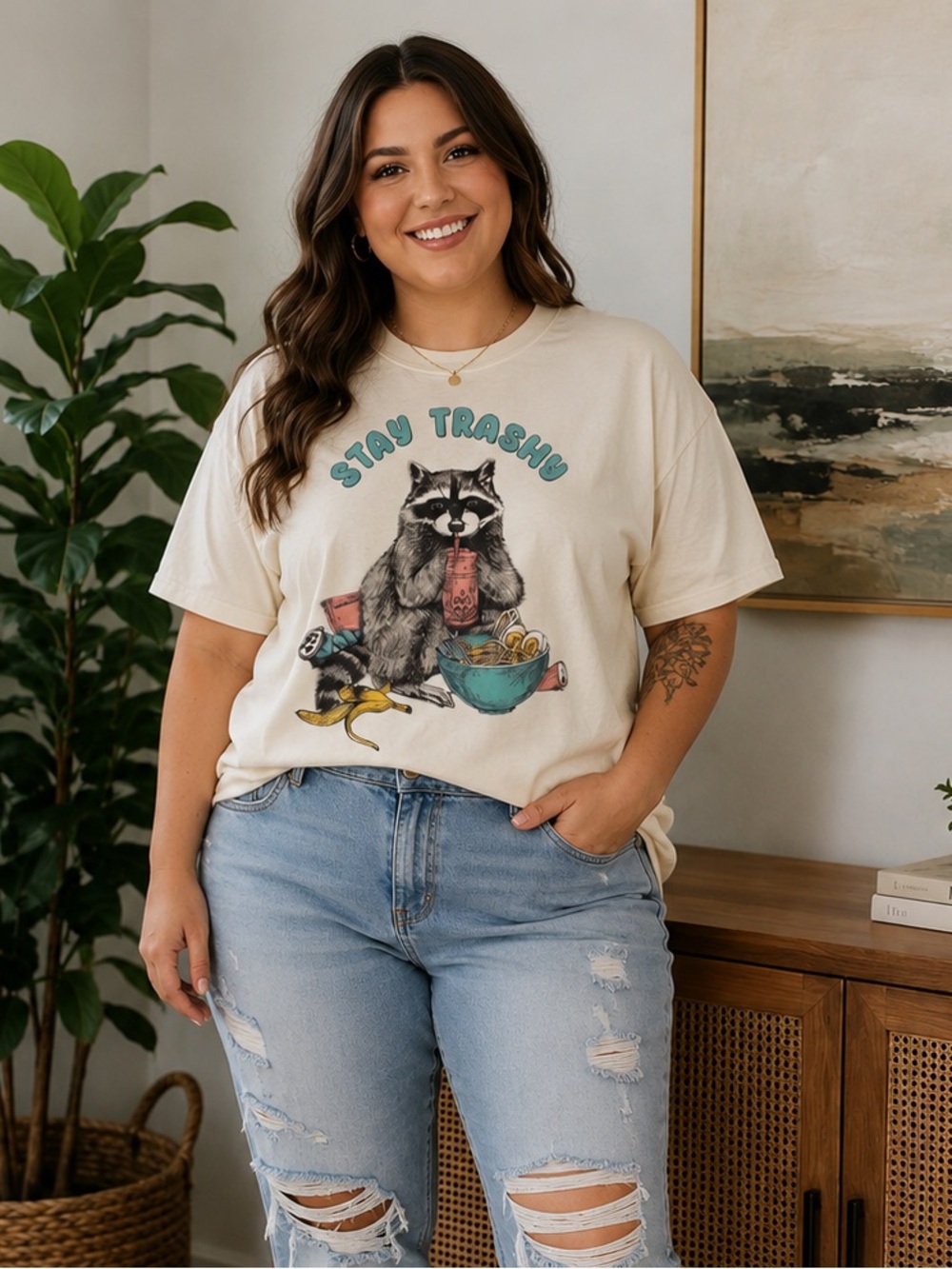 Stay Trashy Raccoon Graphic T-Shirt Cream Size XXL